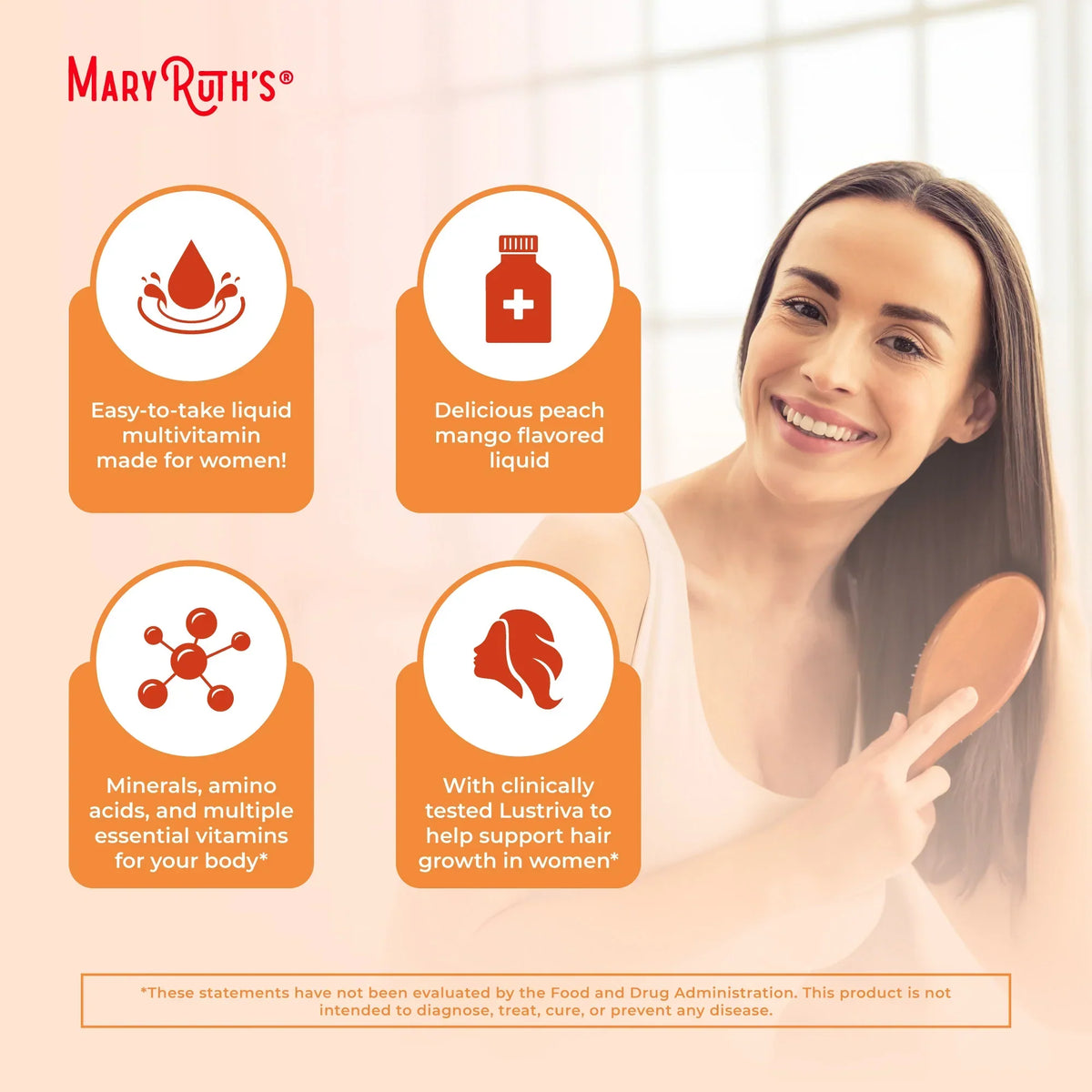 Liquid Multivitamin+Hair Growth | Clinically Tested for Thicker Hair & Facial Wrinkles in Women | Lustriva Hair Growth Supplement | Peach Mango 15 Fl Oz