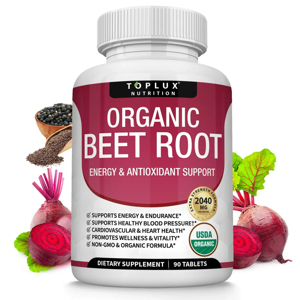 Organic Beet Root Powder Tablets 2040mg – Energy & Circulation Support (90 Ct)