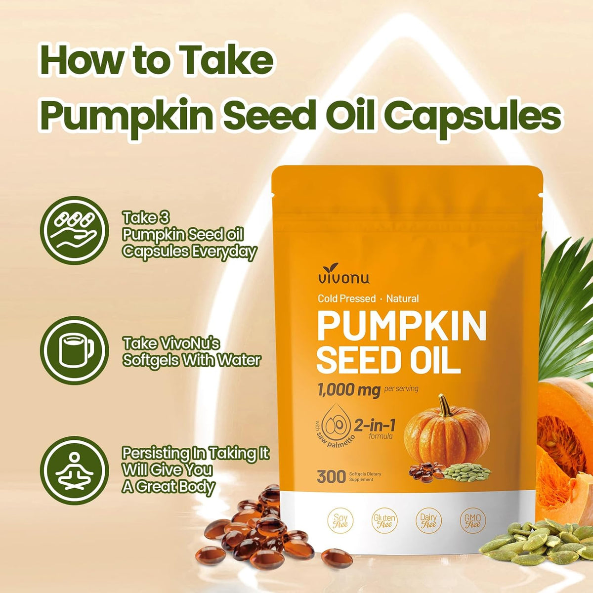 Cold Pressed Pumpkin Seed Oil & Saw Palmetto Softgels - 300 Count | Hair Growth, Prostate, Urinary & Bladder Support | Non-GMO Pure Virgin Oil