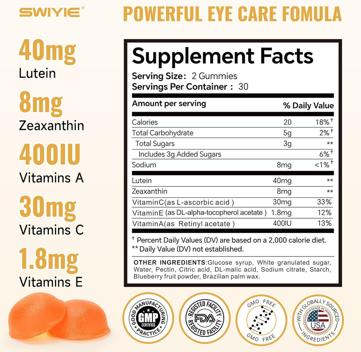Lutein Gummies for Eye Health – Vision Support Eye Vitamins | Blueberry Flavor | 60 Gummies