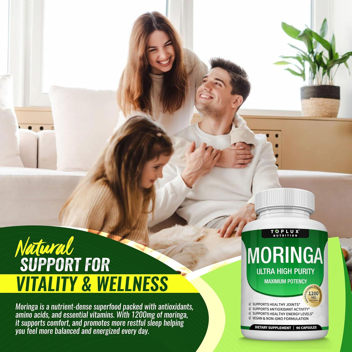 Moringa Capsules 1200mg – Pure Oleifera Leaf Superfood for Immune & Skin Health | Vegan, Non-GMO | 90 Capsules