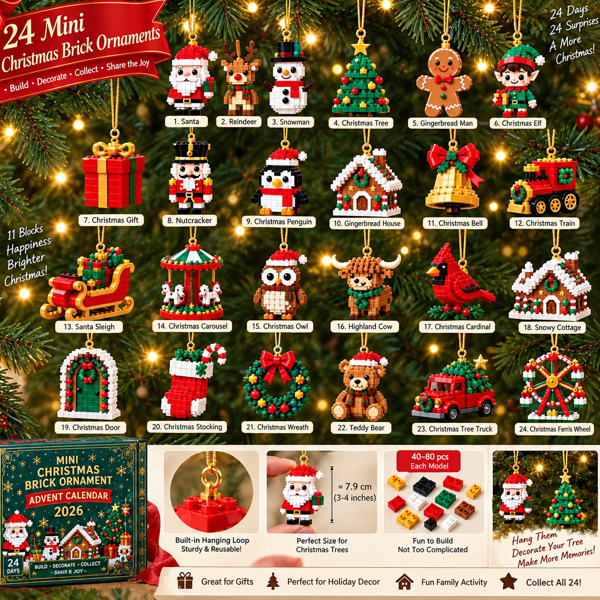 24-Day Mini Christmas Brick Ornament Advent Calendar – Holiday Countdown Set